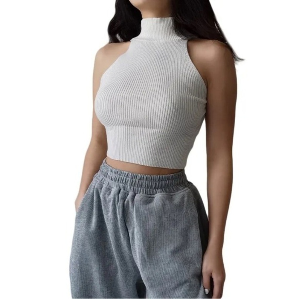 Women Ribbed Halter Tank Tops Adults Sleeveless Solid Color Round Neck Knit Crop